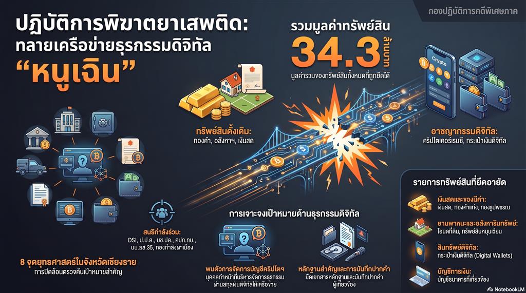 DSI สนธิกำลัง ป.ป.ส. และหน่วยงานความมั่นคง ปฏิบัติการ “พิฆาตยาเสพติด” ตรวจค้น 8 จุดในจังหวัดเชียงราย ยึดทรัพย์เครือข่ายฟอกเงินผ่านสินทรัพย์ดิจิทัล มูลค่ากว่า 34.3 ล้านบาท
