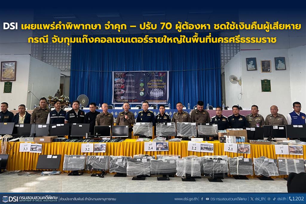 DSI เผยแพร่คำพิพากษา แก๊งคอลเซ็นเตอร์รายใหญ่ในพื้นที่นครศรีธรรมราช สั่งจำคุก 70 ผู้ต้องหา สูงสุด 24 ปี ปรับ - ริบของกลาง - ชดใช้เงินคืนผู้เสียหาย 