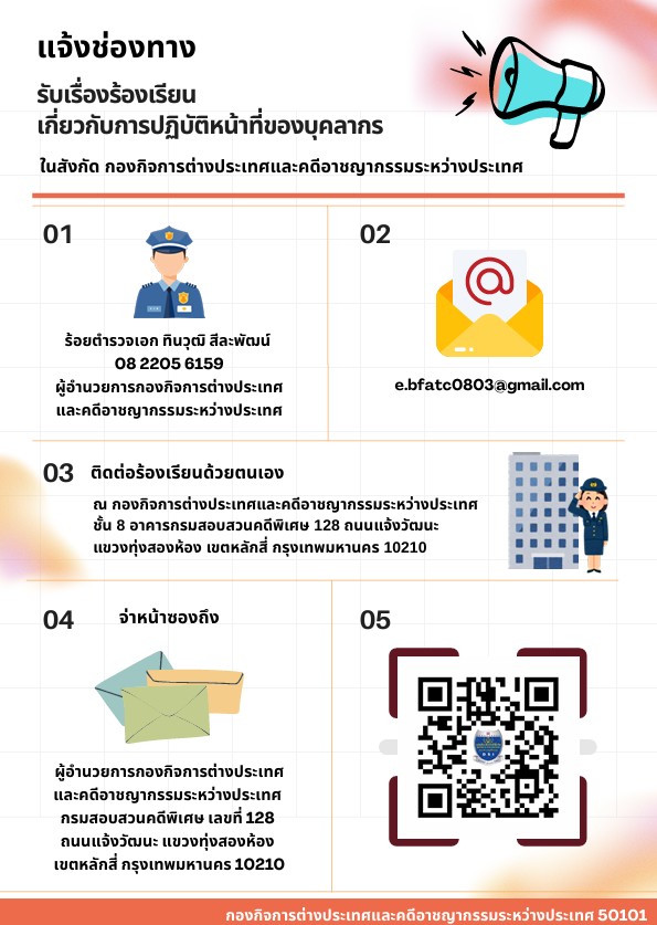 ช่องทางการรับเรื่องราวร้องเรียนเกี่ยวกับการปฏิบัติหน้าที่ของบุคลากร กองกิจการต่างประเทศและคดีอาชญากรรมระหว่างประเทศ