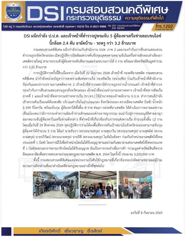 DSI ผนึกกำลัง ป.ป.ส. และเจ้าหน้าที่ตำรวจปูพรมจับ 5 ผู้ต้องหาเครือข่ายลอบขนไอซ์บิ๊กล็อต 2.4 ตัน อายัดบ้าน - รถหรู กว่า 3.2 ล้านบาท 