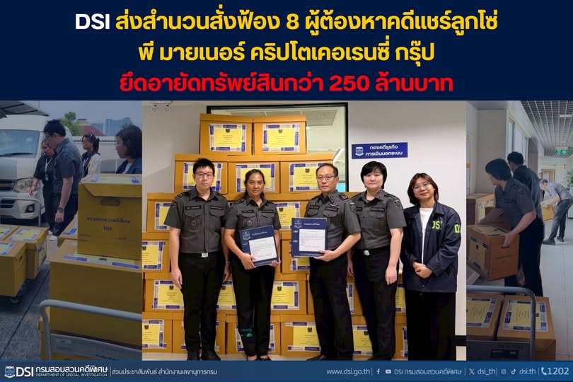 DSI ส่งสำนวนสั่งฟ้อง 8 ผู้ต้องหาคดีแชร์ลูกโซ่ พี มายเนอร์ คริปโตเคอเรนซี่ กรุ๊ป ยึดอายัดทรัพย์สินกว่า 250 ล้านบาท