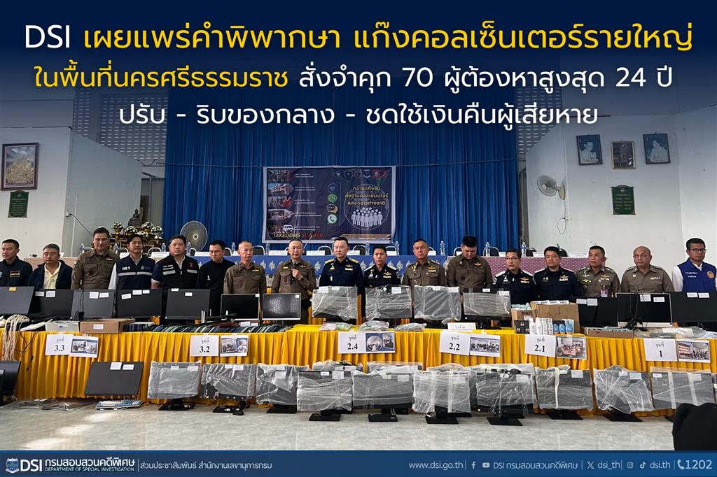 DSI เผยแพร่คำพิพากษา แก๊งคอลเซ็นเตอร์รายใหญ่ในพื้นที่นครศรีธรรมราช สั่งจำคุก 70 ผู้ต้องหา สูงสุด 24 ปี ปรับ - ริบของกลาง - ชดใช้เงินคืนผู้เสียหาย 