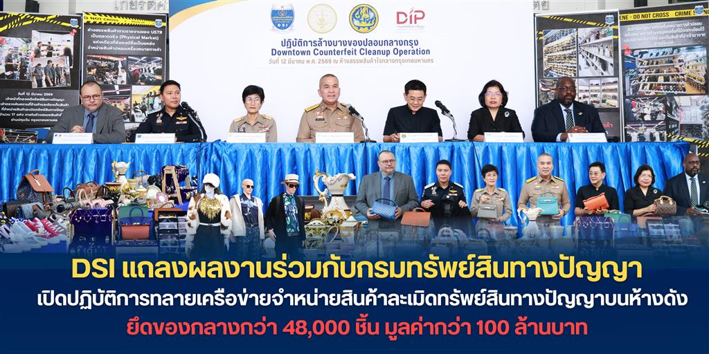 DSI แถลงผลงานร่วมกับกรมทรัพย์สินทางปัญญา เปิดปฏิบัติการทลายเครือข่ายจำหน่ายสินค้าละเมิดทรัพย์สินทางปัญญาบนห้างดัง ยึดของกลางกว่า 48,000 ชิ้น มูลค่ากว่า 100 ล้านบาท