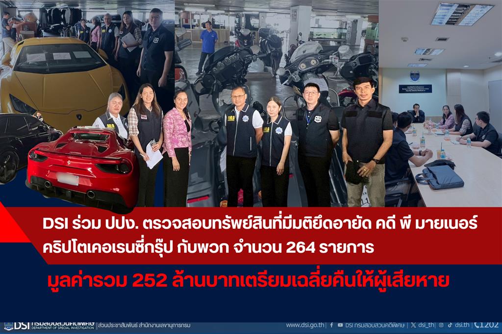 DSI ร่วม ปปง. ตรวจสอบทรัพย์สินที่มีมติยึดอายัด คดี พี มายเนอร์ คริปโตเคอเรนซี่กรุ๊ป กับพวก จำนวน 264 รายการมูลค่ารวม 252 ล้านบาทเตรียมเฉลี่ยคืนให้ผู้เสียหาย